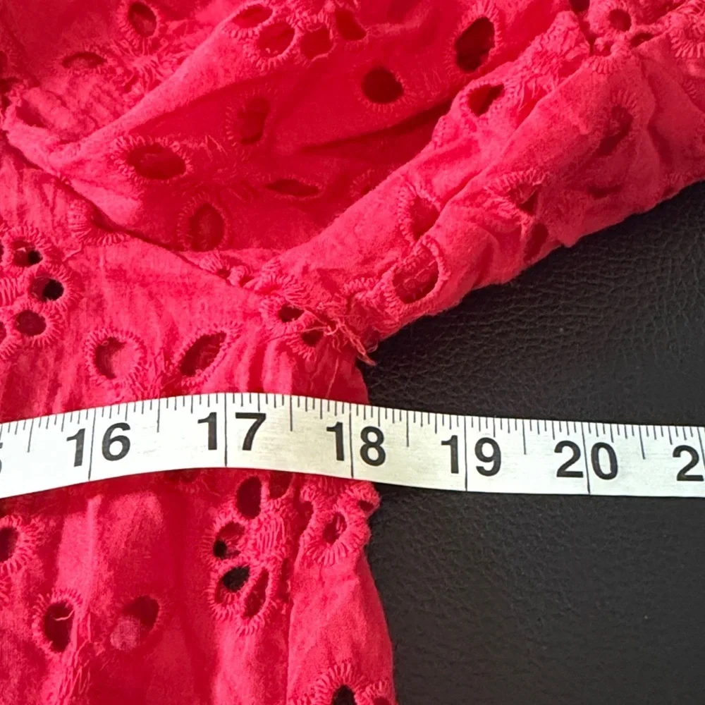 Anna Kay Red Embroidered Eyelet Blouse Button Front Puff Sleeve France Sz L